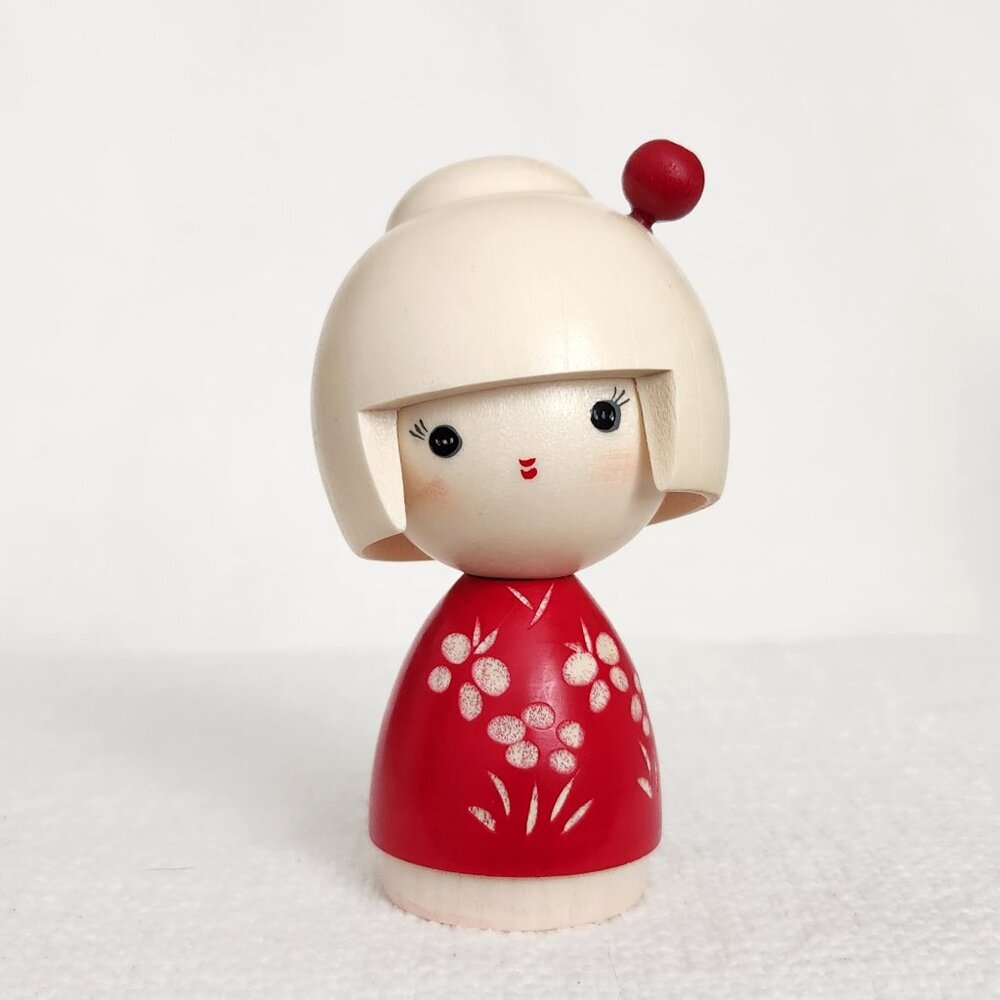 Japanese Kokeshi Doll - 4" Wooden Girl in Red Kimono with Hair Ornament